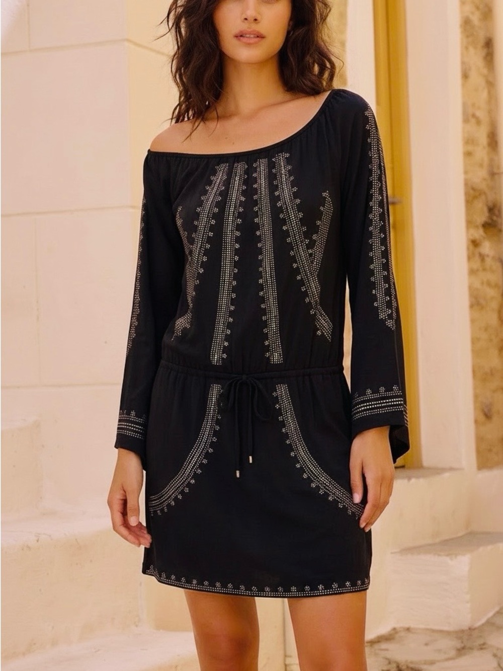 Michael Kors Off-Shoulder Black Embroidered Women's Dress